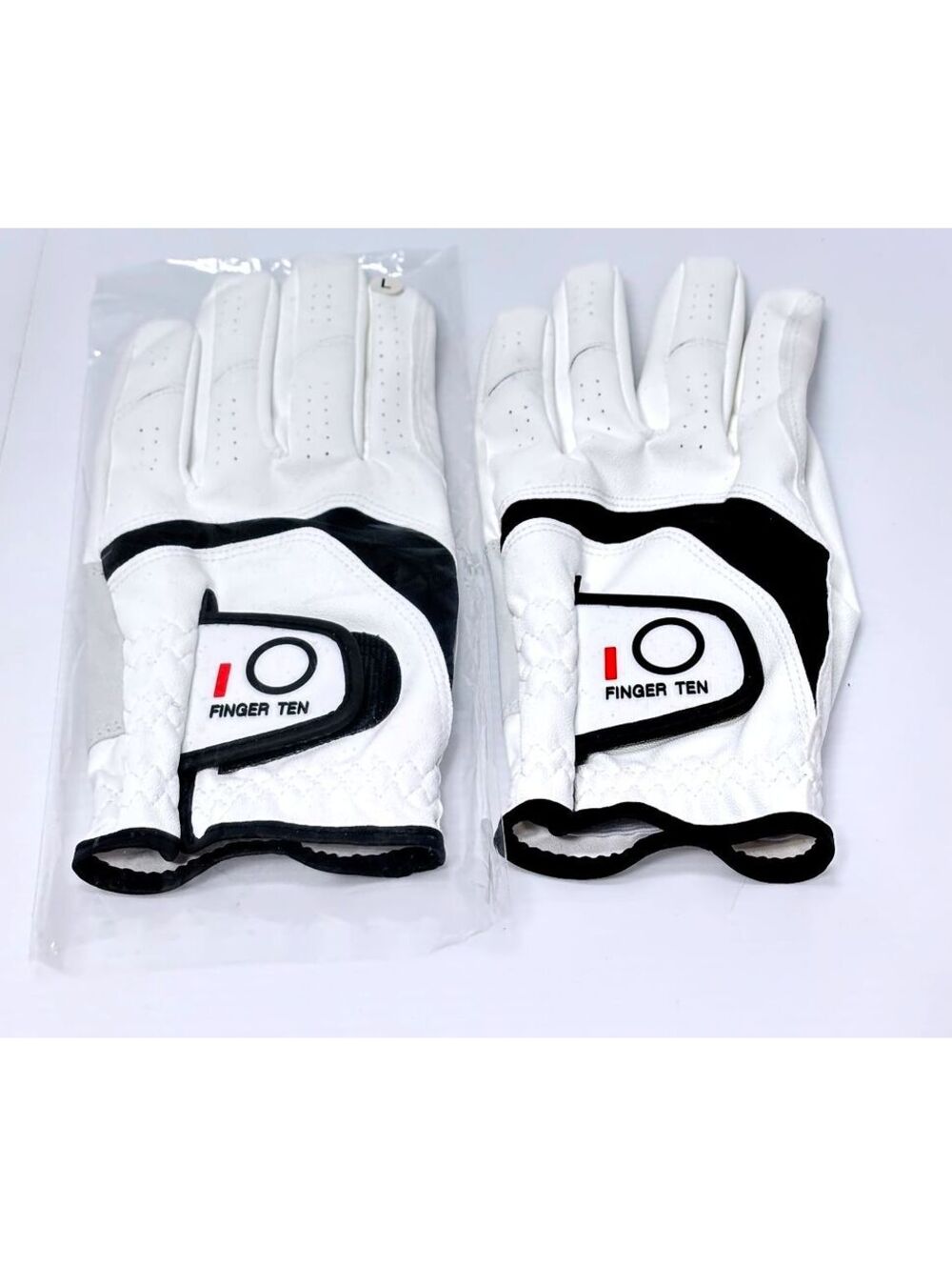 Finger Ten White and Black Leather Golf Gloves Size Large, Pair LEFT